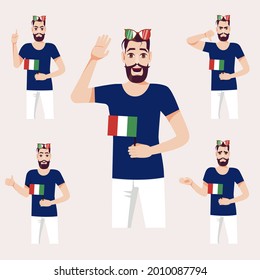 A beautiful man with Italian flag. A set of fan emotions. Vector illustration on cartoon style.