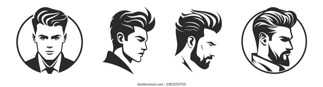 Beautiful man profile set logo, icon. Vector outline silhouette on white background.