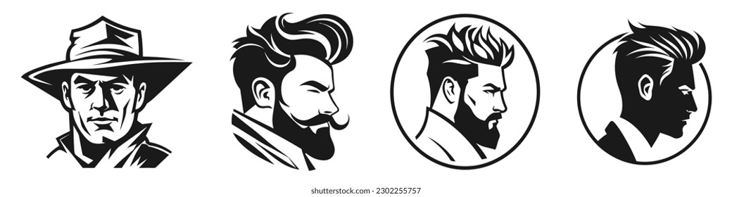 Beautiful man profile set logo, icon. Vector outline silhouette on white background.