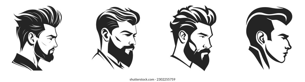 Beautiful man profile set logo, icon. Vector outline silhouette on white background.