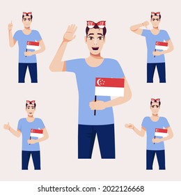 A beautiful man with the Singapore flag. A set of fan emotions. Vector illustration on cartoon style