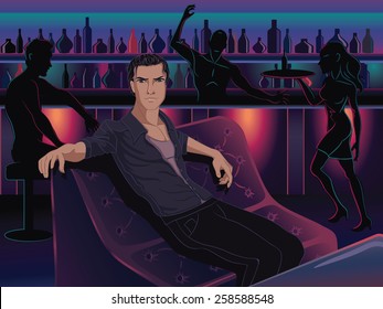 Beautiful man sitting in a bar of disco club. 