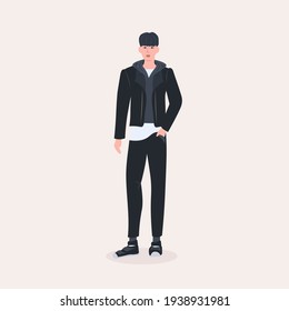 beautiful man standing pose male cartoon character in fashion clothes full length flat
