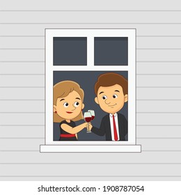 Beautiful man and woman drinking near window. Happy Valentines days greeting card