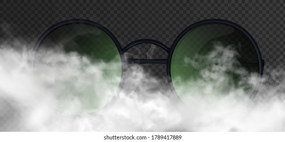 Beautiful man or woman glasses with round green emerald lenses striking appearance inside the realistic smoke clouds. Vector  advertisement illustration isolated on the dark transparent background. 