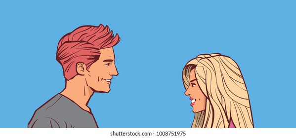 Beautiful Man And Woman Looking At Each Other Couple Faces Over Blue Background Isolated Vector Illustration