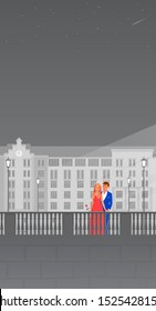 Beautiful man and woman on a city street. Love date. She is in a red evening dress, he is in a blue suit. Monochrome background: building and lights. Romantic vector vertical illustration.