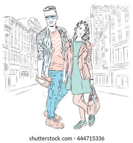 Beautiful man and woman on a city street. Vector illustration.