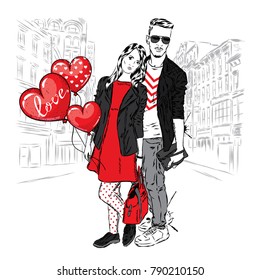 Beautiful man and woman on a city street. Vector illustration. Balls in the shape of heart, Valentine's Day and love.