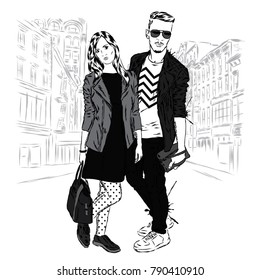 Beautiful man and woman on a city street. Vector illustration.