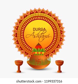 Beautiful Mandala design with lettering of Durga Ashtami and festival elements on white background can be used as greeting card design.