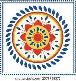 Beautiful Mandala design with lettering of Durga Ashtami and festival elements on white background. Colorful Alpona, and mandala designs. Happy Bengali New Year, Shubho Noboborsho, Pohela Boishakh.