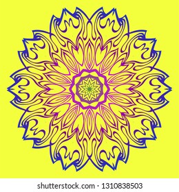 Beautiful Mandala. Floral Round Ornament. Vector Illustration. For Modern Interiors Design, Wallpaper, Textile Industry. Yellow purple color.