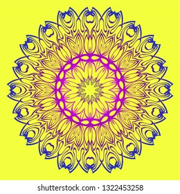 Beautiful Mandala. Floral Round Ornament. Vector Illustration. For Modern Interiors Design, Wallpaper, Textile Industry. Yellow purple color.