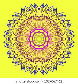 Beautiful Mandala. Floral Round Ornament. Vector Illustration. For Modern Interiors Design, Wallpaper, Textile Industry. Yellow purple color.