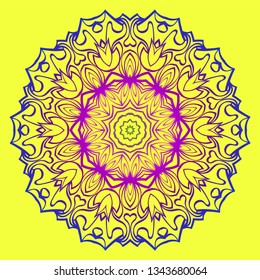 Beautiful Mandala. Floral Round Ornament. Vector Illustration. For Modern Interiors Design, Wallpaper, Textile Industry. Yellow purple color.