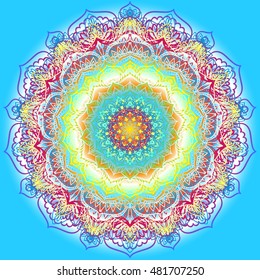 Beautiful mandala flower. Mandala vector on a blue backdrop. Rainbow mandala. Beautiful ethnic round ornament. eps 10. Hand drawn indian ornament. Mandala on a blue background.