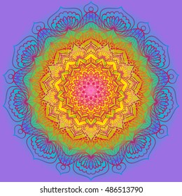 Beautiful mandala flower. Mandala vector on a blue backdrop. Rainbow mandala. Beautiful ethnic round ornament. eps 10. Hand drawn indian ornament. Mandala on a blue background.