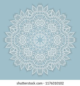 Beautiful Mandala geometric floral round ornament. Decorative isolated design element, lace pattern. Hand drawn fantasy abstract Christmas decoration. Tribal ethnic arabic, indian, turkish background 