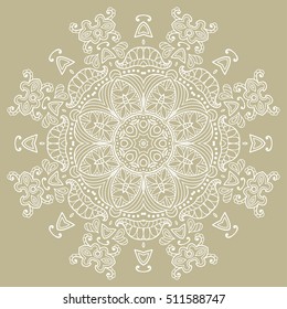 Beautiful Mandala geometric floral round ornament. Decorative isolated design element, lace pattern. Hand drawn fantasy abstract Christmas decoration. Tribal ethnic arabic, indian, turkish background