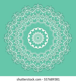 Beautiful Mandala geometric floral round ornament. Decorative isolated design element, lace pattern. Hand drawn fantasy abstract Christmas decoration. Tribal ethnic arabic, indian, turkish background