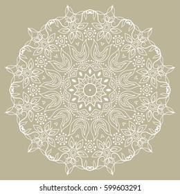 Beautiful Mandala geometric floral round ornament. Decorative isolated design element, lace pattern. Hand drawn fantasy abstract Christmas decoration. Tribal ethnic arabic, indian, turkish background