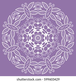 Beautiful Mandala geometric floral round ornament. Decorative isolated design element, lace pattern. Hand drawn fantasy abstract Christmas decoration. Tribal ethnic arabic, indian, turkish background