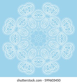 Beautiful Mandala geometric floral round ornament. Decorative isolated design element, lace pattern. Hand drawn fantasy abstract Christmas decoration. Tribal ethnic arabic, indian, turkish background