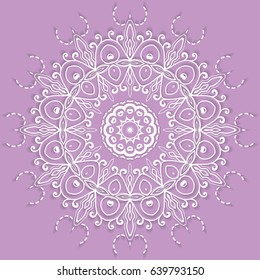 Beautiful Mandala geometric floral round ornament. Decorative isolated design element, lace pattern. Hand drawn fantasy abstract Christmas decoration. Tribal ethnic arabic, indian, turkish background