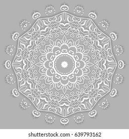 Beautiful Mandala geometric floral round ornament. Decorative isolated design element, lace pattern. Hand drawn fantasy abstract Christmas decoration. Tribal ethnic arabic, indian, turkish background