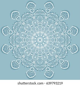 Beautiful Mandala geometric floral round ornament. Decorative isolated design element, lace pattern. Hand drawn fantasy abstract Christmas decoration. Tribal ethnic arabic, indian, turkish background