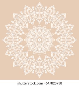 Beautiful Mandala hand drawn round ornament, doodle lace pattern. Decorative isolated design element, stylized floral geometric pattern. Tribal ethnic arabic, indian, turkish background