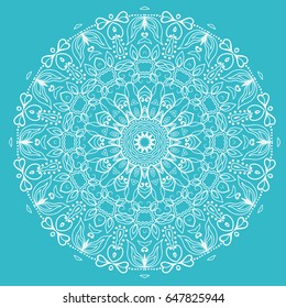 Beautiful Mandala hand drawn round ornament, doodle lace pattern. Decorative isolated design element, stylized floral geometric pattern. Tribal ethnic arabic, indian, turkish background