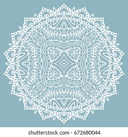 Beautiful Mandala hand drawn round ornament, doodle lace pattern. Decorative isolated design element, stylized floral geometric pattern. Tribal ethnic arabic, indian, turkish background