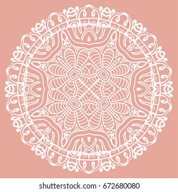 Beautiful Mandala hand drawn round ornament, doodle lace pattern. Decorative isolated design element, stylized floral geometric pattern. Tribal ethnic arabic, indian, turkish background