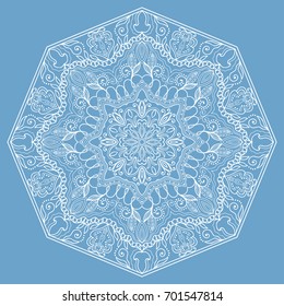 Beautiful Mandala hand drawn round ornament, doodle lace pattern. Decorative isolated design element, stylized floral geometric pattern. Tribal ethnic arabic, indian, turkish background