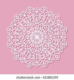 Beautiful mandala lace ornament on pink background for cards or invitations. Mandala round element. Vector illustration