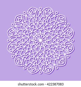 Beautiful mandala lace ornament on purple background for cards or invitations. Mandala round element. Vector illustration