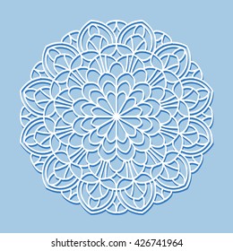 Beautiful mandala lace ornament on blue background for cards or invitations. Mandala round element. Vector illustration.