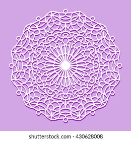 Beautiful mandala lace ornament on purple background for cards or invitations. Mandala round element. Vector illustration