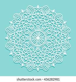 Beautiful mandala lace ornament on intricate blue background for cards or invitations. Mandala round element. Vector illustration