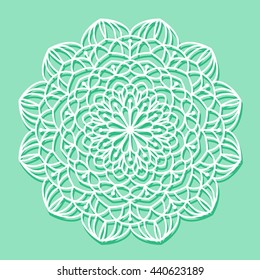 Beautiful mandala lace ornament on lovely green background for cards or invitations. Mandala round element. Vector illustration