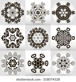 Beautiful mandala set. Round ornamental pattern set. Black and white.