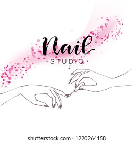 Beautiful manicure, illustration for Beauty salon, brochure or logo. Used modern hand drawn lettering and silhouette of woman hands