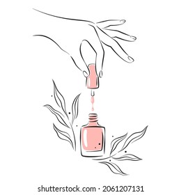 Beautiful manicured female hands holds Nail brush, nail polish. Vector Illustration for nail studio or spa salon.