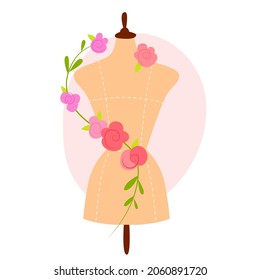Beautiful mannequin with flowers. Tailor's tool element for a handmade clothing store, tailor shop and sewing courses. Hand drawn illustration isolated on a white background