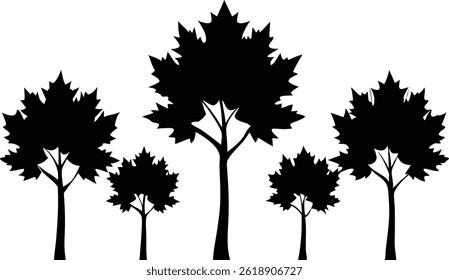 Hermosos árboles de arce Arte vectorial de silueta aislada Elementos forestales naturales y diseño de paisajes