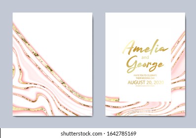 Beautiful marble background from pink watercolor, paint, ink. Abstract texture for invitations with golden texture.