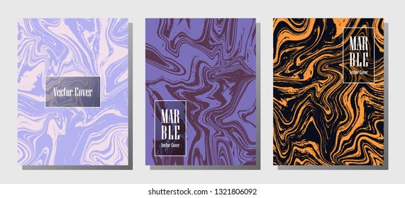 Beautiful marble prints, vector cover design templates. Fluid marble stone texture iInteriors fashion magazine backgrounds  Corporate journal patterns set of liquid clay waves. Brochure covers set.