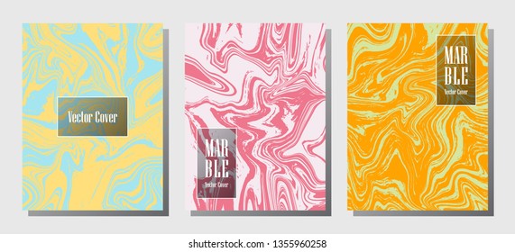 Beautiful marble prints, vector cover design templates. Fluid marble stone texture iInteriors fashion magazine backgrounds  Corporate journal patterns set of liquid clay waves. Brochure covers set.